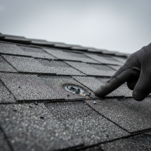 Roofer inspecting hail impact damage and loose granules on a residential shingle roof