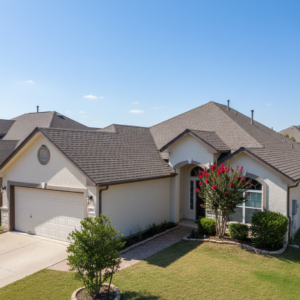 Newly installed architectural asphalt shingle roof on a suburban Texas home
